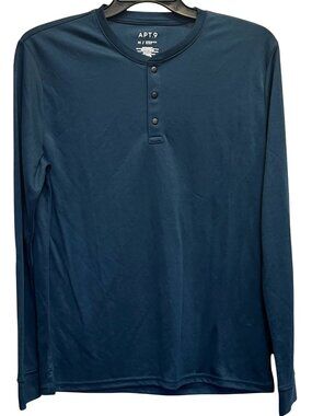 Apt. 9 Premier Flex Henley Shirt Medium Blue Polyester/Nylon